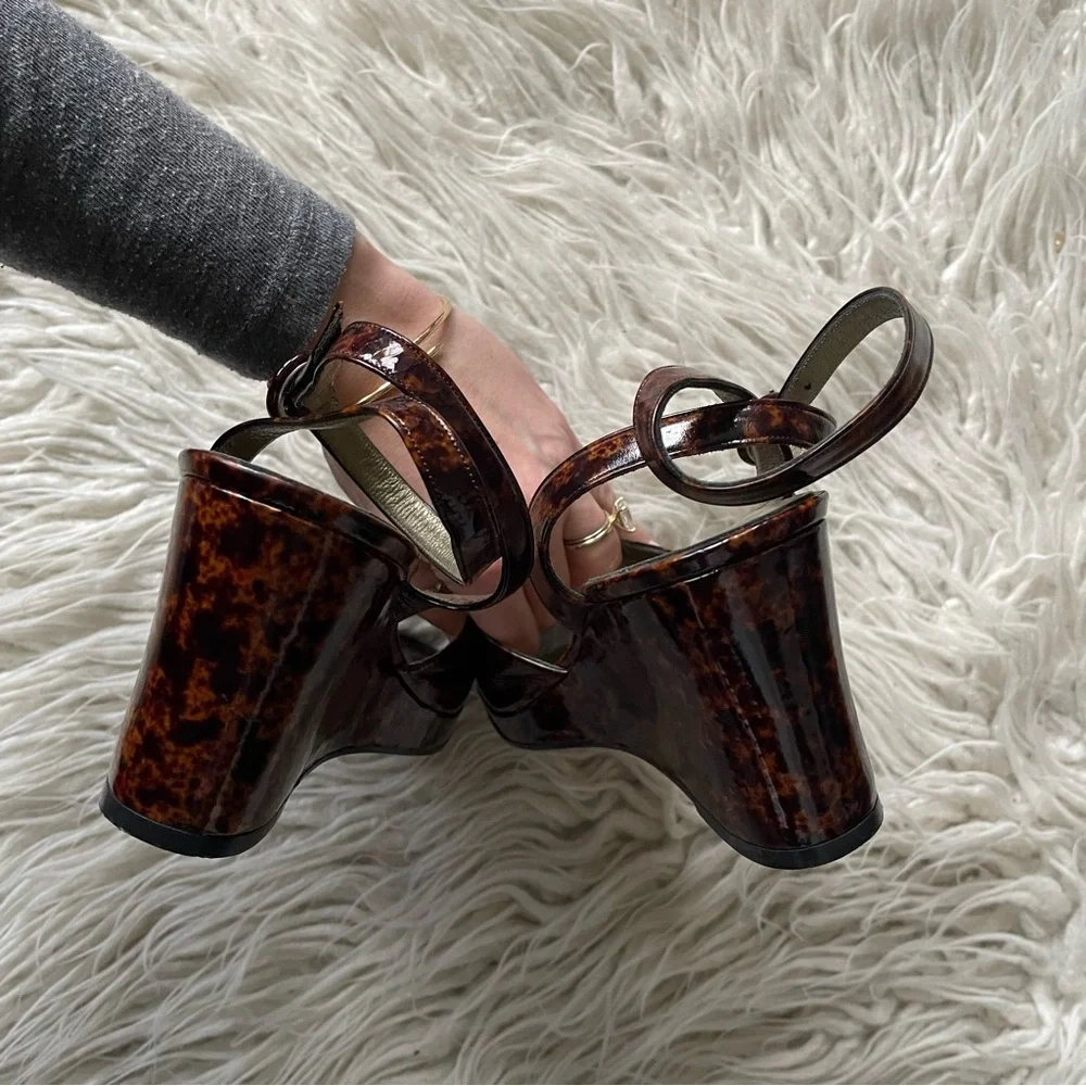 Yves Saint Laurent Vintage Y2K 90s Brown Patent Leather Animal Print Sandals 8.5